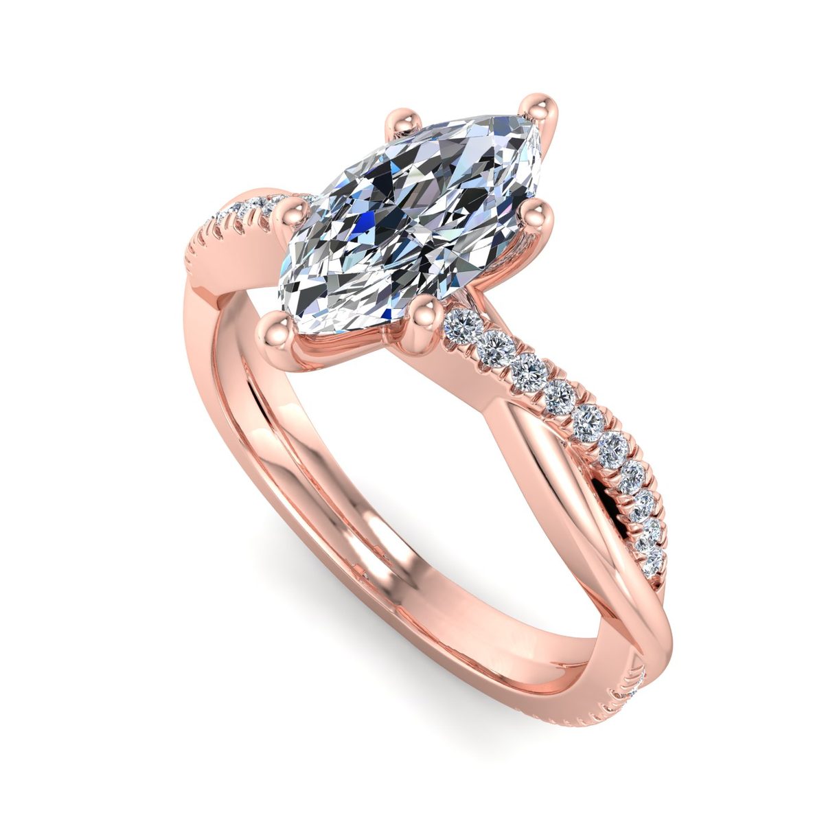 Eskarra Twisted Pave Engagement Ring in rose gold with a marquise center stone, 3D view