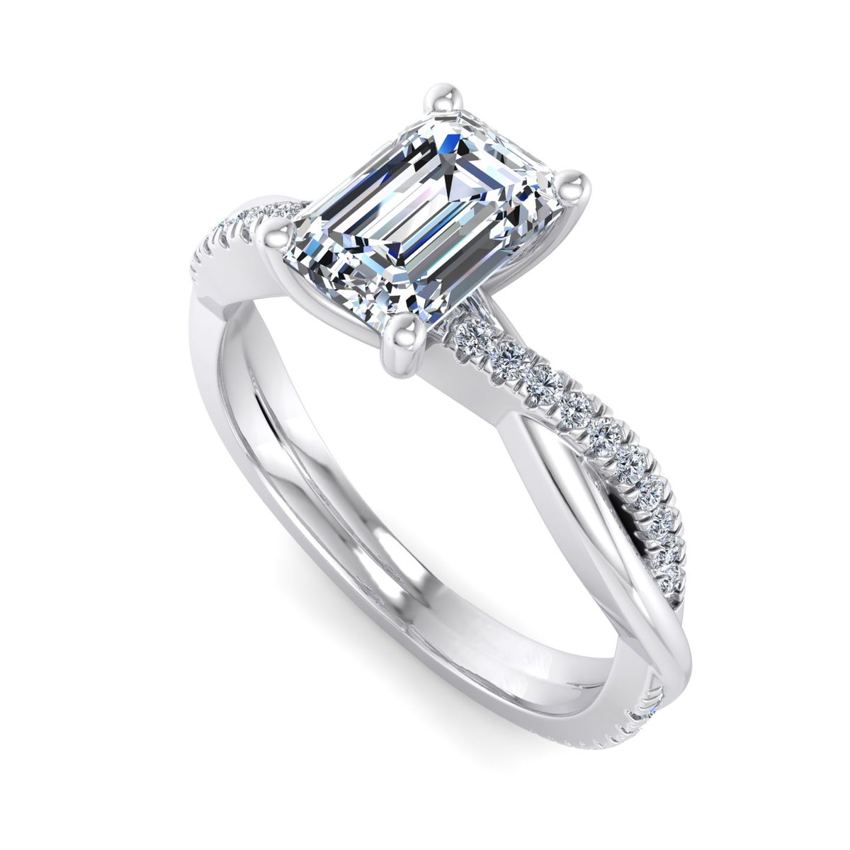 Eskarra Twisted Pave Engagement Ring in white gold with an emerald center stone, 3D view