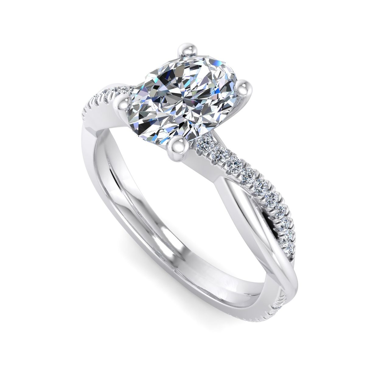 Eskarra Twisted Pave Engagement Ring in white gold with an oval center stone, 3D view