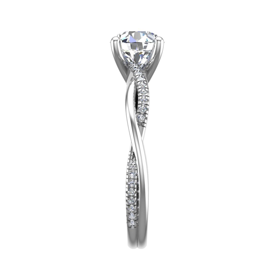 Eskarra Twisted Pave Engagement Ring in white gold with a round center stone, side view