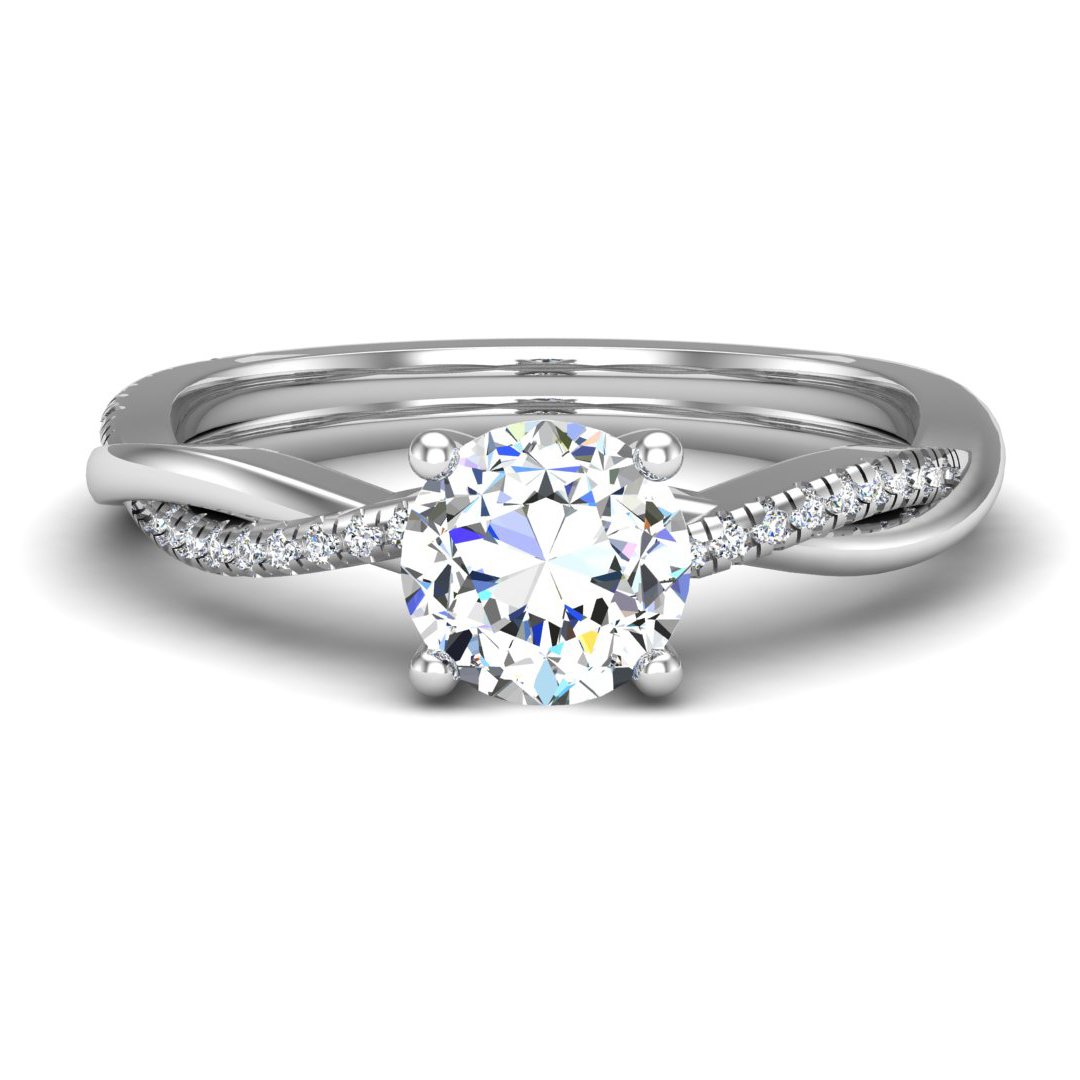 Eskarra Twisted Pave Engagement Ring in white gold with a round center stone, top view