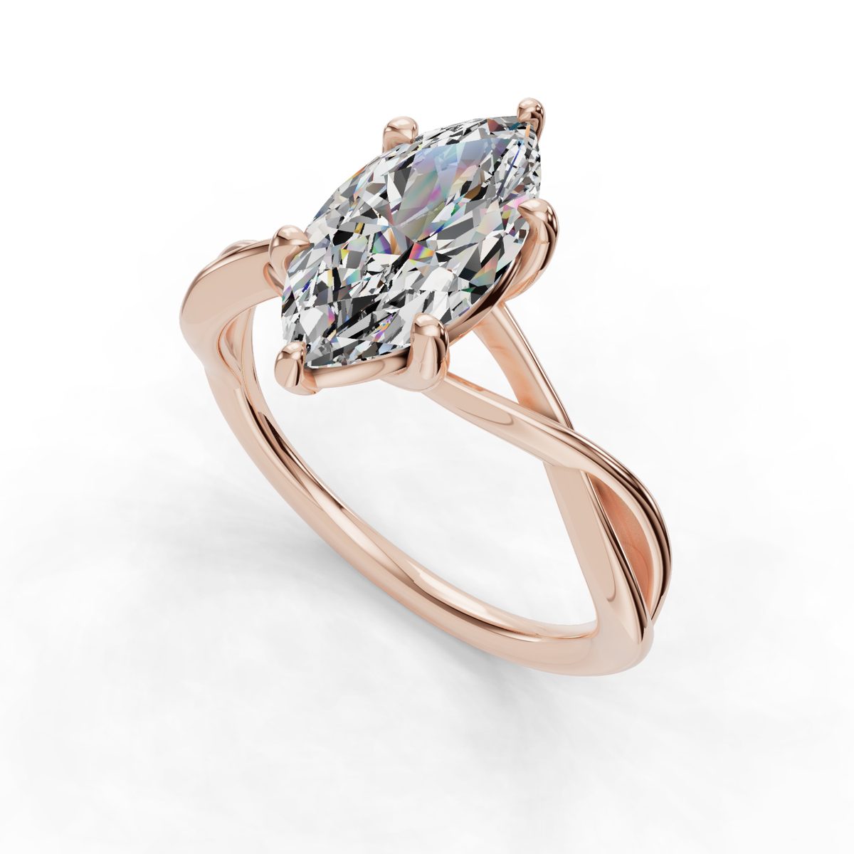 Rosalke Twisted Solitaire Engagement Ring in rose gold with a marquise center stone, 3D view