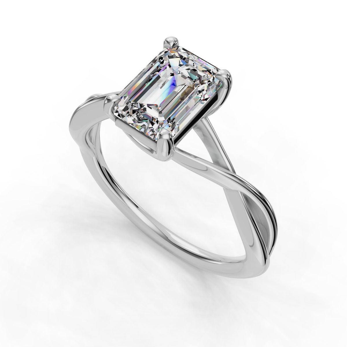 Rosalke Twisted Solitaire Engagement Ring in white gold with an emerald center stone, 3D view