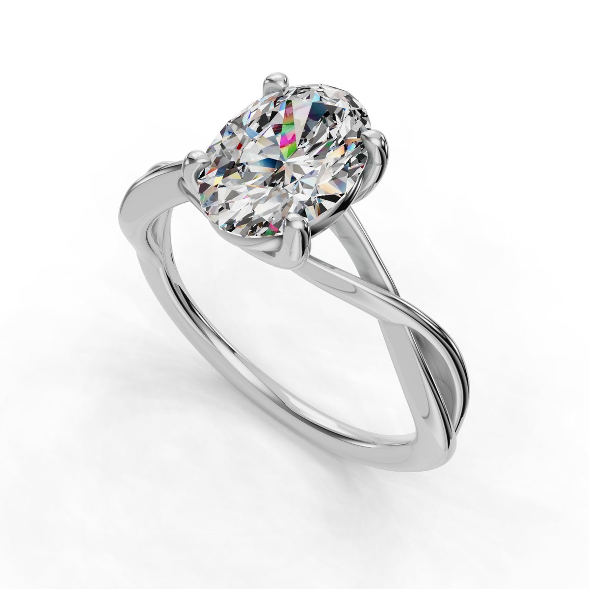 Rosalke Twisted Solitaire Engagement Ring in white gold with an oval center stone, 3D view