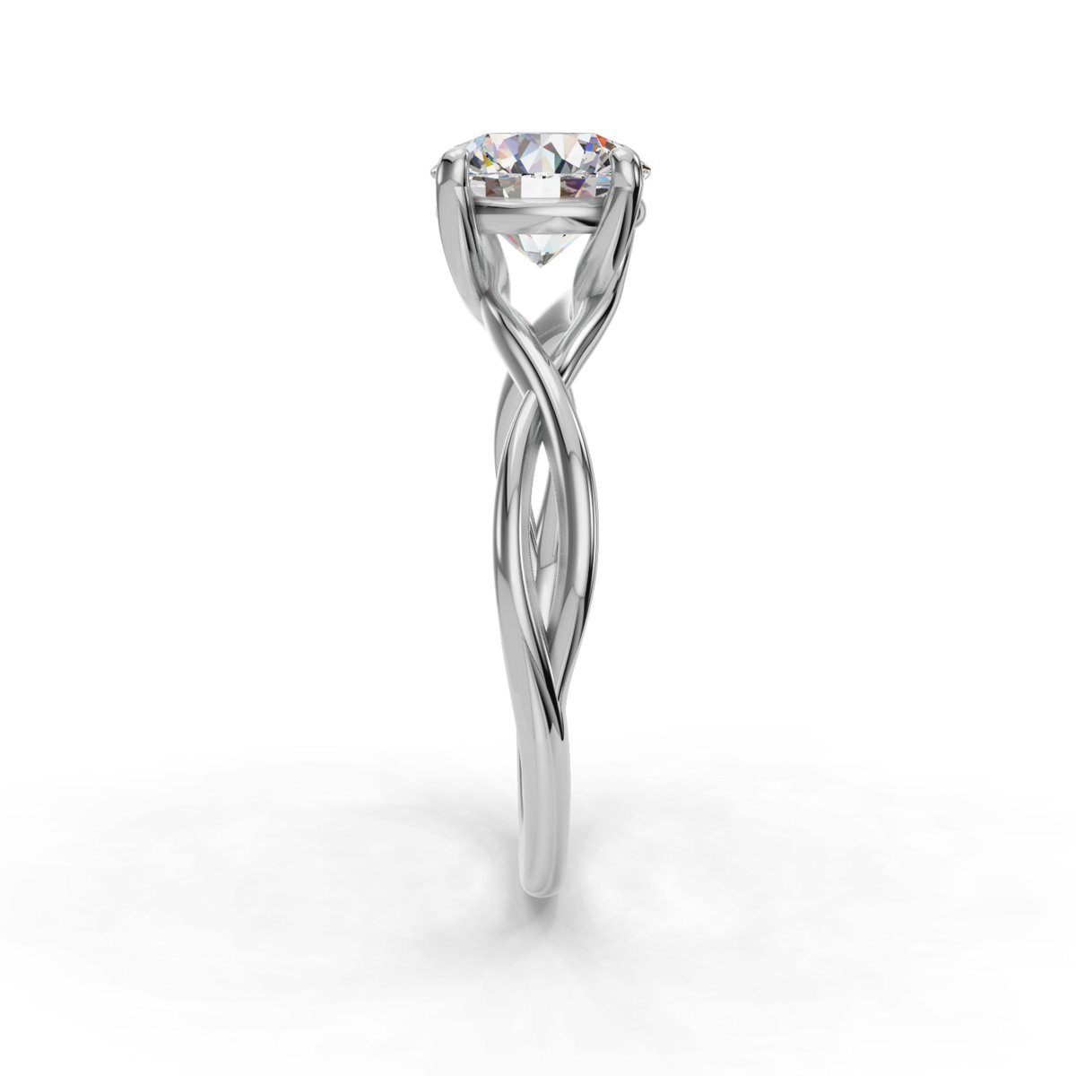Rosalke Twisted Solitaire Engagement Ring in white gold with a round center stone, side view